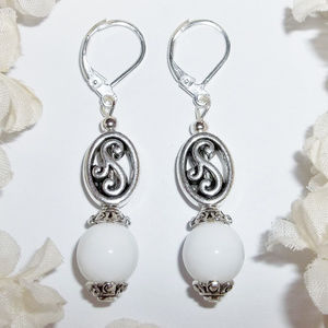 White Dangle Earring Set Lever Back Beaded Silver Fashion Jewelry Accessory 6770